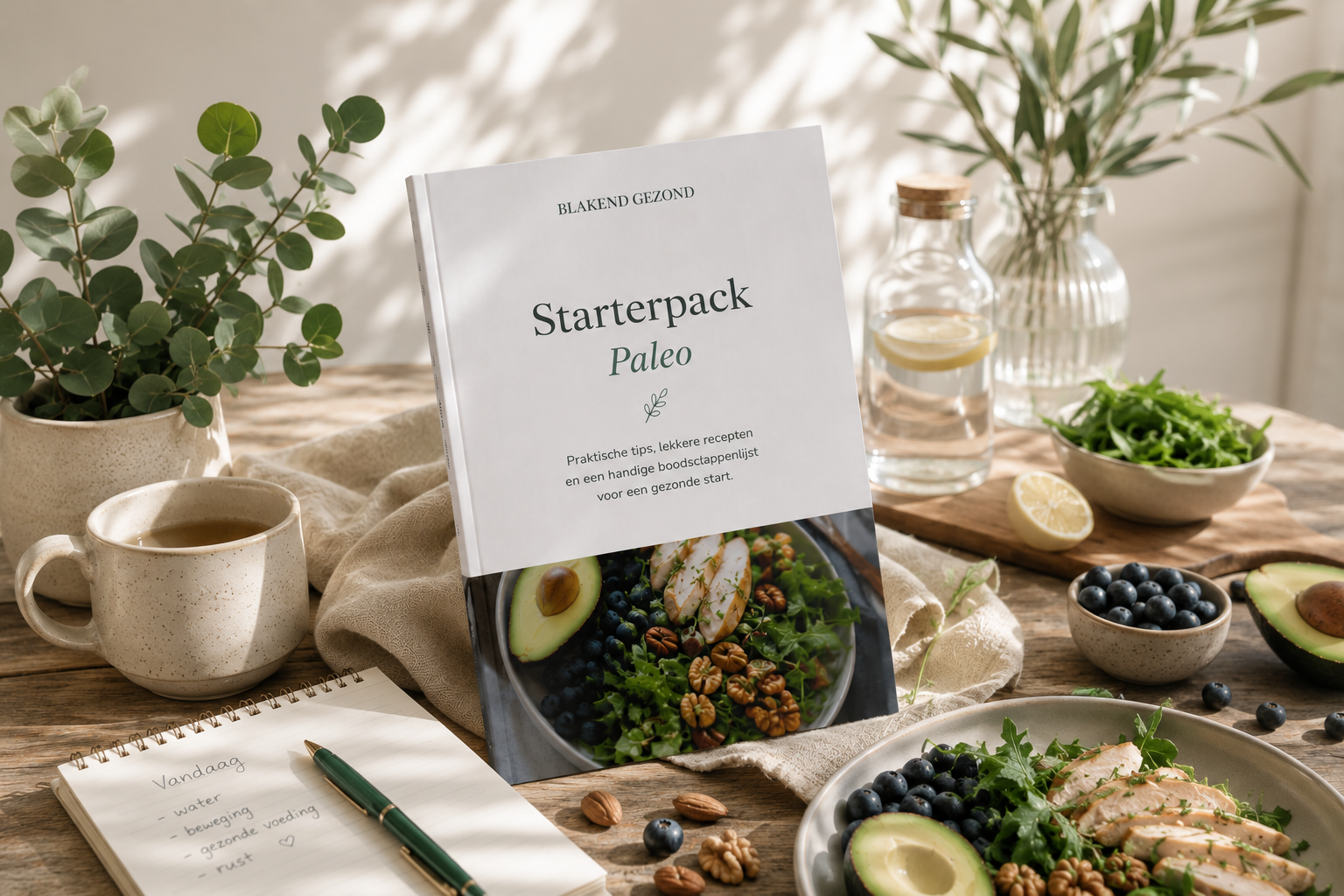 Het gratis Paleo Starterpack e-book naast een gezonde paleo-salade