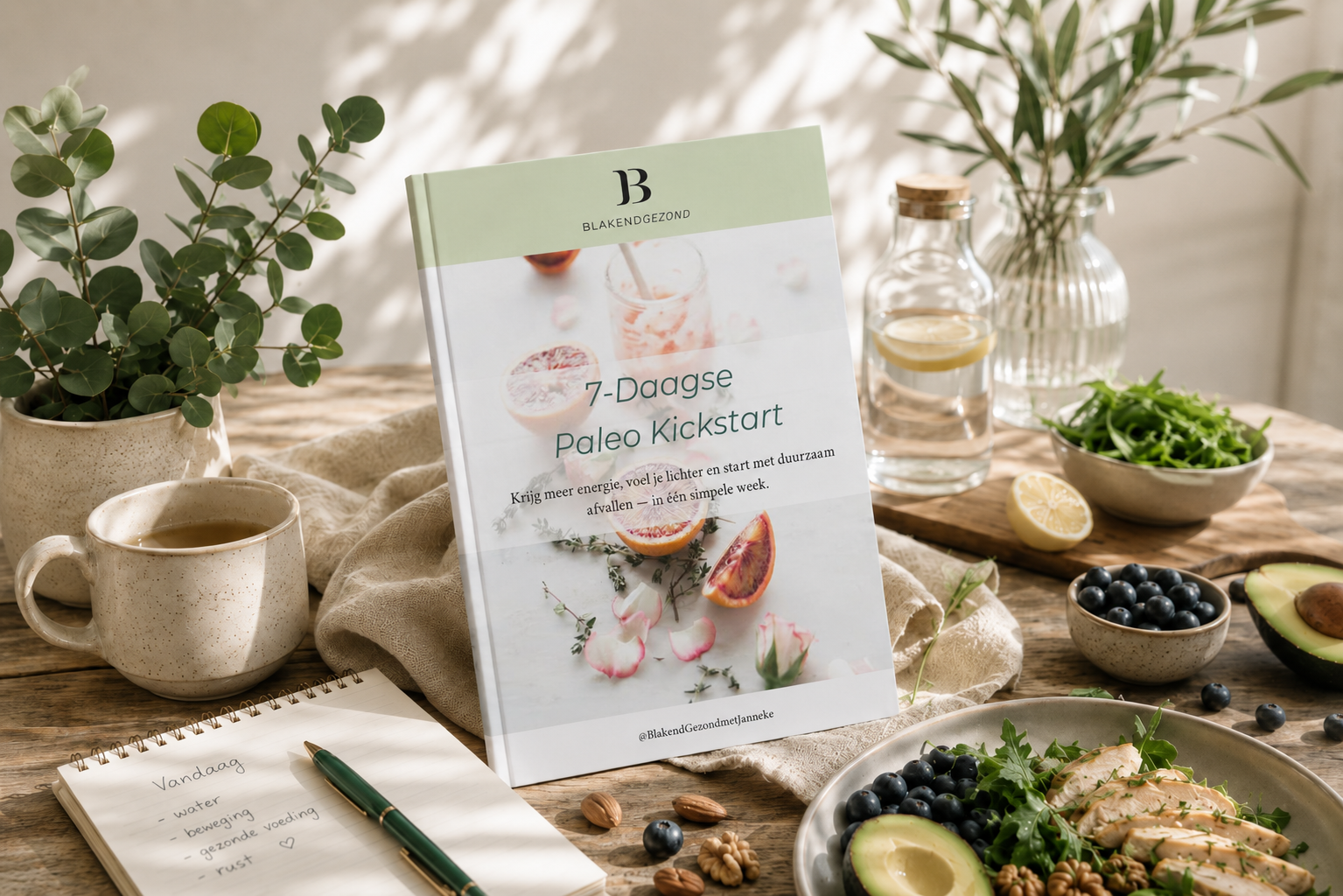 Het gratis Paleo Starterpack e-book naast een gezonde paleo-salade